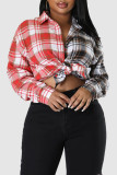 Red-brown Casual Plaid Print Patchwork Buckle Turndown Collar Tops