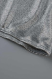 Silver Sexy Solid Hollowed Out Patchwork Half A Turtleneck Sleeveless Two Pieces