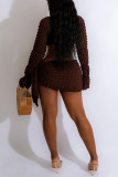 Coffee Sexy Solid Bandage Patchwork V Neck Long Sleeve Two Pieces