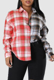 Red-brown Casual Plaid Print Patchwork Buckle Turndown Collar Tops