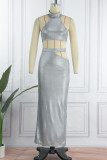 Silver Sexy Solid Hollowed Out Patchwork Half A Turtleneck Sleeveless Two Pieces