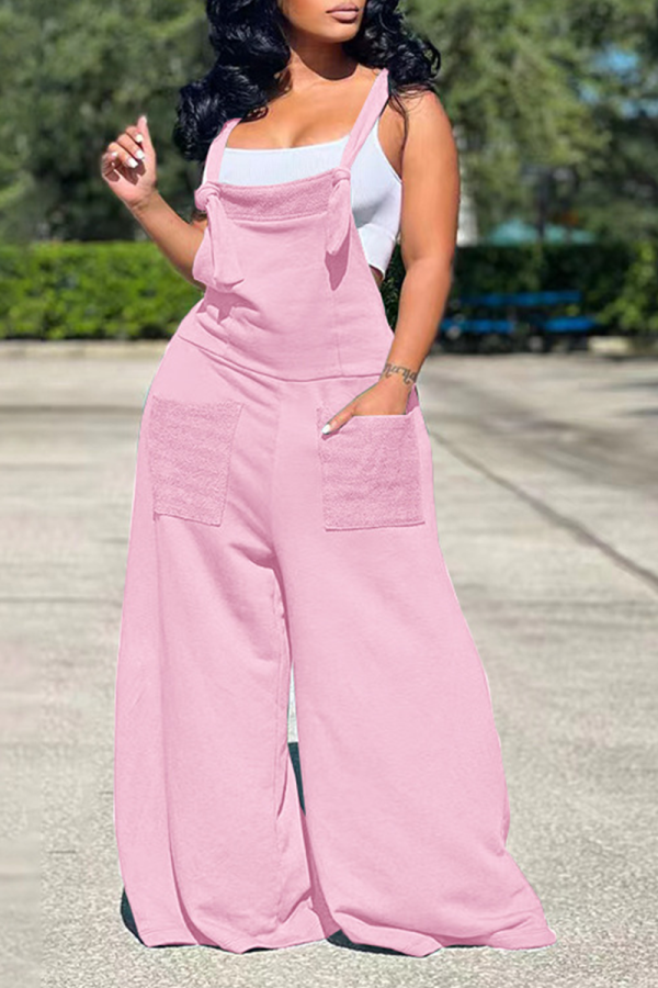 Pink Casual Solid Patchwork Loose Jumpsuits