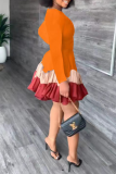 Tangerine Red Casual Print Flounce O Neck Cake Skirt Dresses