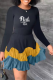 Blue Black Casual Print Flounce O Neck Cake Skirt Dresses