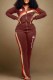 Brown Casual Print Patchwork Letter Zipper Collar Long Sleeve Two Pieces