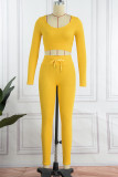 Yellow Casual Solid Patchwork O Neck Long Sleeve Two Pieces