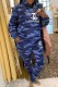 Blue Casual Camouflage Print Letter Hooded Collar Long Sleeve Two Pieces