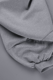 Grey Casual Solid Draw String Hooded Collar Tops