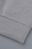 Grey Casual Solid Draw String Hooded Collar Tops