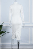 White Sexy Solid Patchwork See-through Turtleneck Long Sleeve Dresses