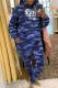 Blue Casual Camouflage Print Letter Hooded Collar Long Sleeve Two Pieces