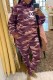 Purple Casual Camouflage Print Letter Hooded Collar Long Sleeve Two Pieces