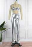 Silver Sexy Casual Solid Backless Strapless Sleeveless Two Pieces