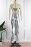 Silver Sexy Casual Solid Backless Strapless Sleeveless Two Pieces