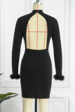 Red Sexy Solid Patchwork Feathers Backless Turtleneck Long Sleeve Dresses