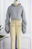 Grey Casual Solid Draw String Hooded Collar Tops