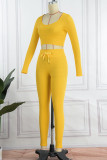 Yellow Casual Solid Patchwork O Neck Long Sleeve Two Pieces