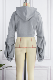 Grey Casual Solid Draw String Hooded Collar Tops