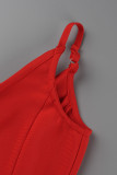 Red Sexy Formal Solid Hollowed Out Patchwork Backless Spaghetti Strap Sleeveless Dress