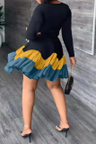 Black Casual Print Flounce O Neck Cake Skirt Dresses