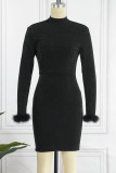 Red Sexy Solid Patchwork Feathers Backless Turtleneck Long Sleeve Dresses