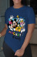 Navy Blue Street Cute Character Patchwork O Neck T-Shirts