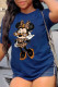 Navy Blue Vintage Cute Character Patchwork O Neck T-Shirts