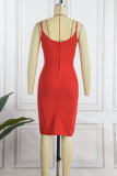 Red Sexy Formal Solid Hollowed Out Patchwork Backless Spaghetti Strap Sleeveless Dress