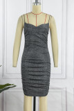 Silver Sexy Solid Patchwork Backless V Neck Sling Dress
