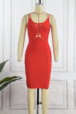 Red Sexy Formal Solid Hollowed Out Patchwork Backless Spaghetti Strap Sleeveless Dress