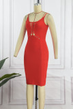 Red Sexy Formal Solid Hollowed Out Patchwork Backless Spaghetti Strap Sleeveless Dress