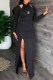 Black Sexy Print Slit Letter O Neck One Step Skirt Dresses