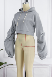Grey Casual Solid Draw String Hooded Collar Tops