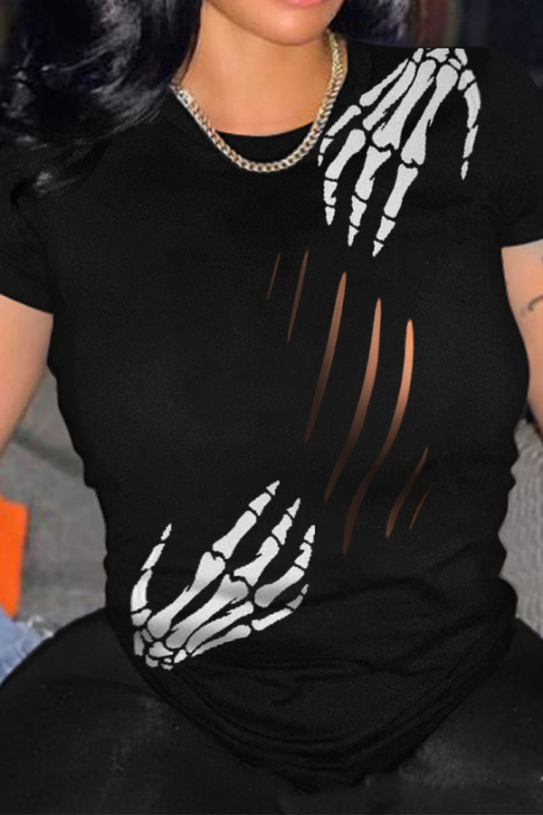 Black Sexy Print Hollowed Out O Neck T-Shirts