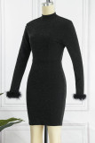 Red Sexy Solid Patchwork Feathers Backless Turtleneck Long Sleeve Dresses