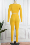 Yellow Casual Solid Patchwork O Neck Long Sleeve Two Pieces