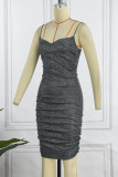 Silver Sexy Solid Patchwork Backless V Neck Sling Dress