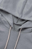 Grey Casual Solid Draw String Hooded Collar Tops