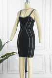 Black Sexy Formal Patchwork Backless Spaghetti Strap Sleeveless Dress