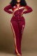 Burgundy Casual Print Patchwork Letter Zipper Collar Long Sleeve Two Pieces