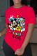 Red Street Cute Character Patchwork O Neck T-Shirts
