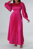 Rose Red Casual Solid Patchwork O Neck Long Sleeves Pleated Dresses (Without Belt)