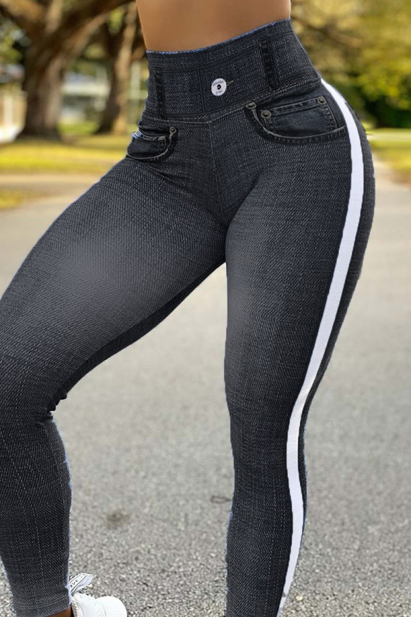 Black Casual Sportswear Print Patchwork Skinny High Waist Pencil Trousers