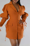 Yellow Casual Solid Patchwork Turndown Collar Long Sleeve Dresses