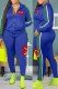 Blue Casual Print Patchwork Turndown Collar Long Sleeve Two Pieces