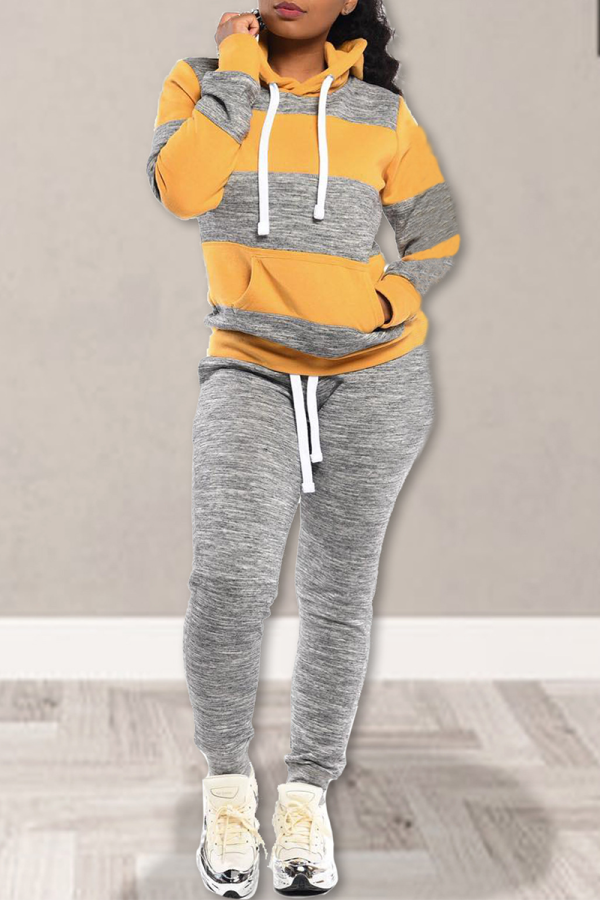 Yellow Street Striped Draw String Hooded Collar Long Sleeve Two Pieces