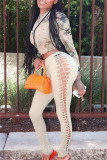Apricot Sexy Casual Print Hollowed Out O Neck Long Sleeve Two Pieces