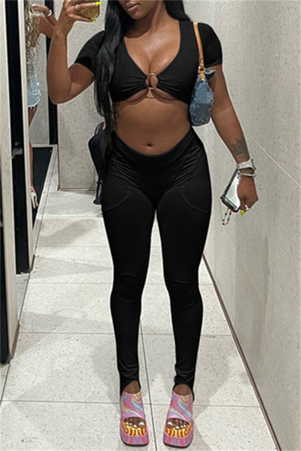 Black Sexy Casual Solid Patchwork V Neck Long Sleeve Two Pieces