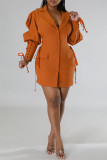 Yellow Casual Solid Patchwork Turndown Collar Long Sleeve Dresses