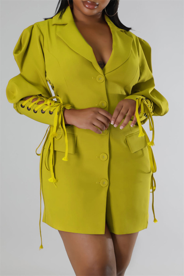 Yellow Casual Solid Patchwork Turndown Collar Long Sleeve Dresses